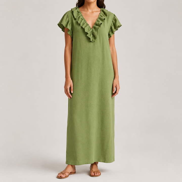 Women's Linen V Neck Ruffle Sleeveless Loose Maxi Dress