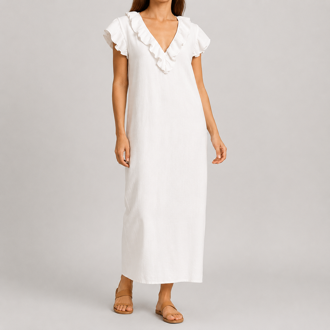Women's Linen V Neck Ruffle Sleeveless Loose Maxi Dress