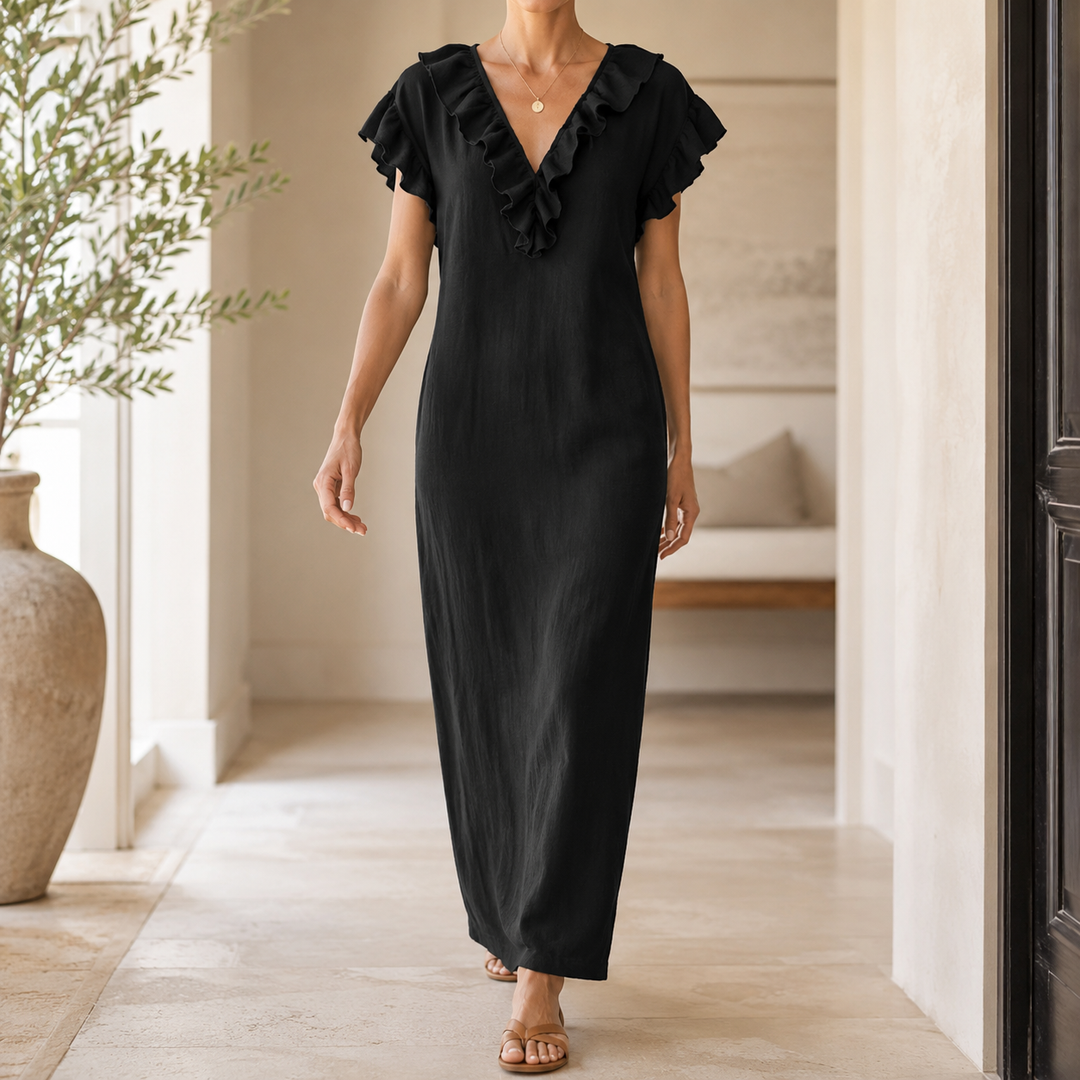 Women's Linen V Neck Ruffle Sleeveless Loose Maxi Dress