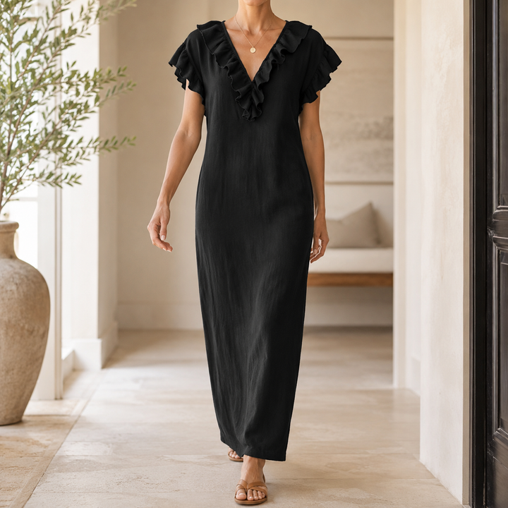 Women's Linen V Neck Ruffle Sleeveless Loose Maxi Dress