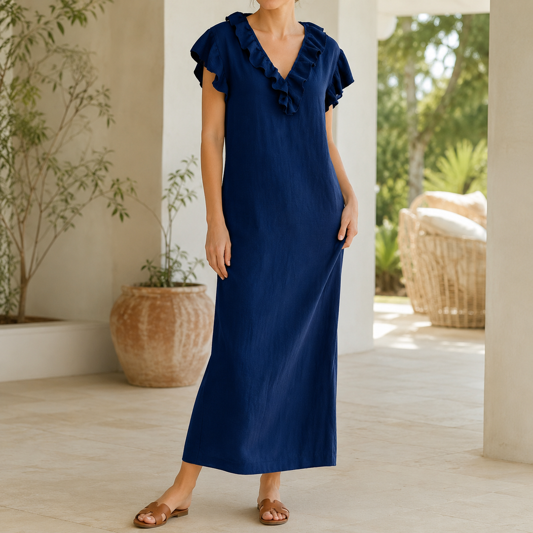 Women's Linen V Neck Ruffle Sleeveless Loose Maxi Dress