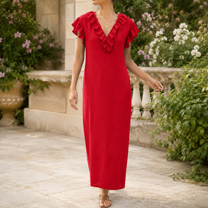 Women's Linen V Neck Ruffle Sleeveless Loose Maxi Dress