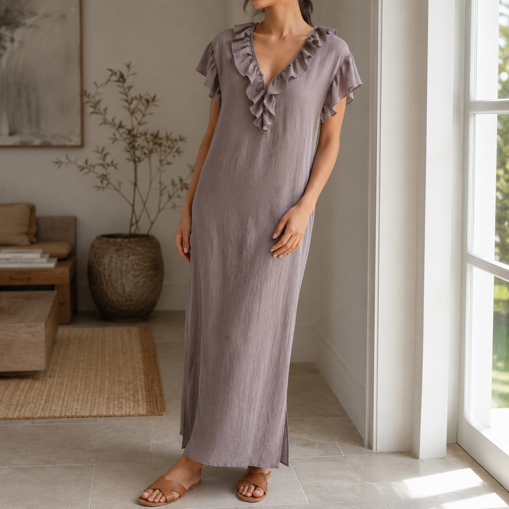 Women's Linen V Neck Ruffle Sleeveless Loose Maxi Dress
