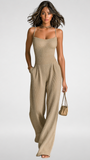 Combinaison-pantalon pour femme en maille côtelée, jambes larges et col en V