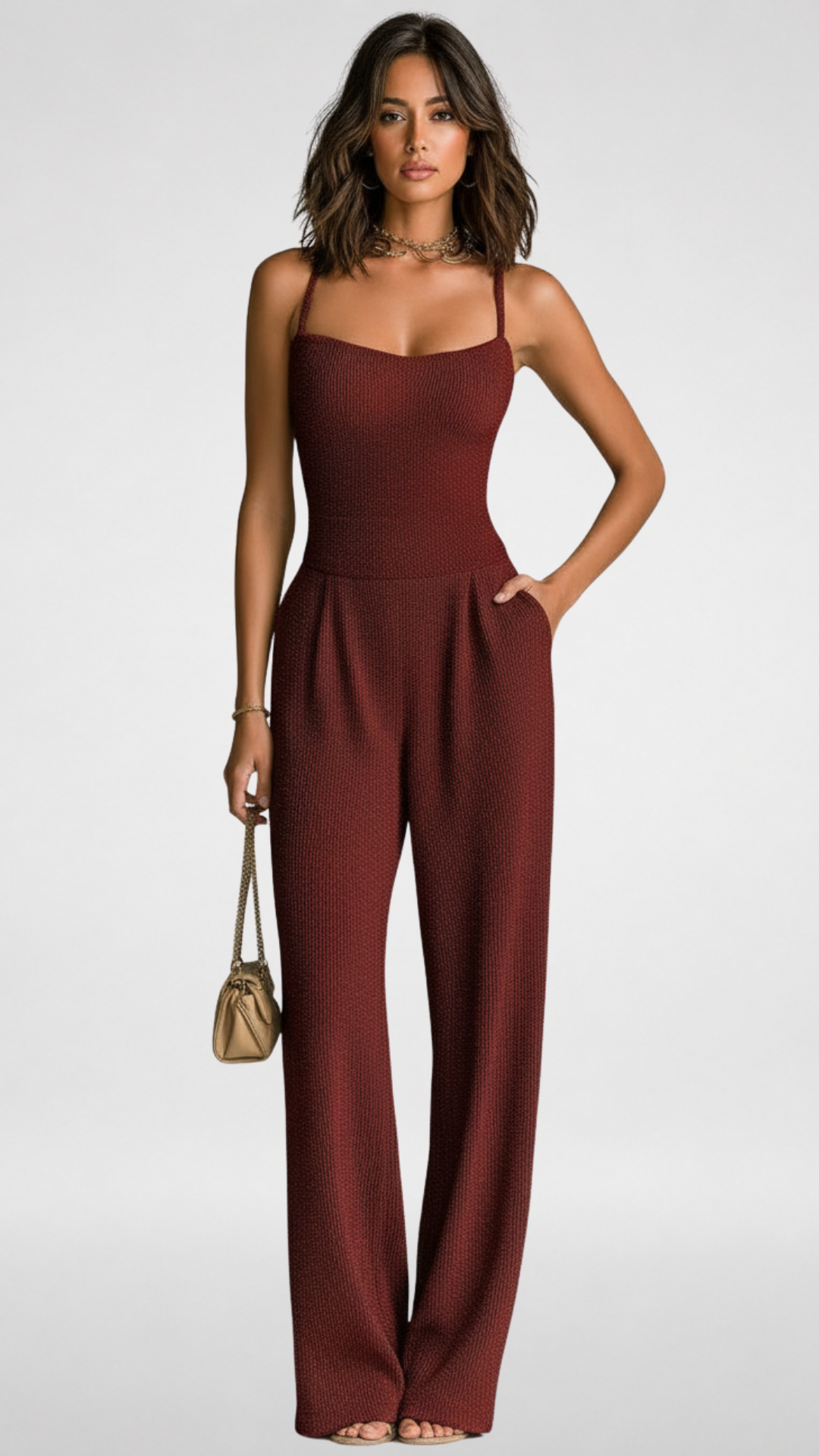 Combinaison-pantalon pour femme en maille côtelée, jambes larges et col en V
