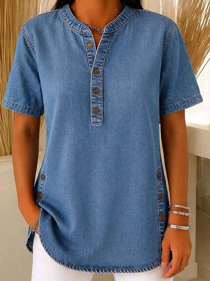 Women's Denim Short Sleeve Henley Shirt Tunic Top