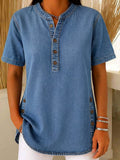 Women's Denim Short Sleeve Henley Shirt Tunic Top