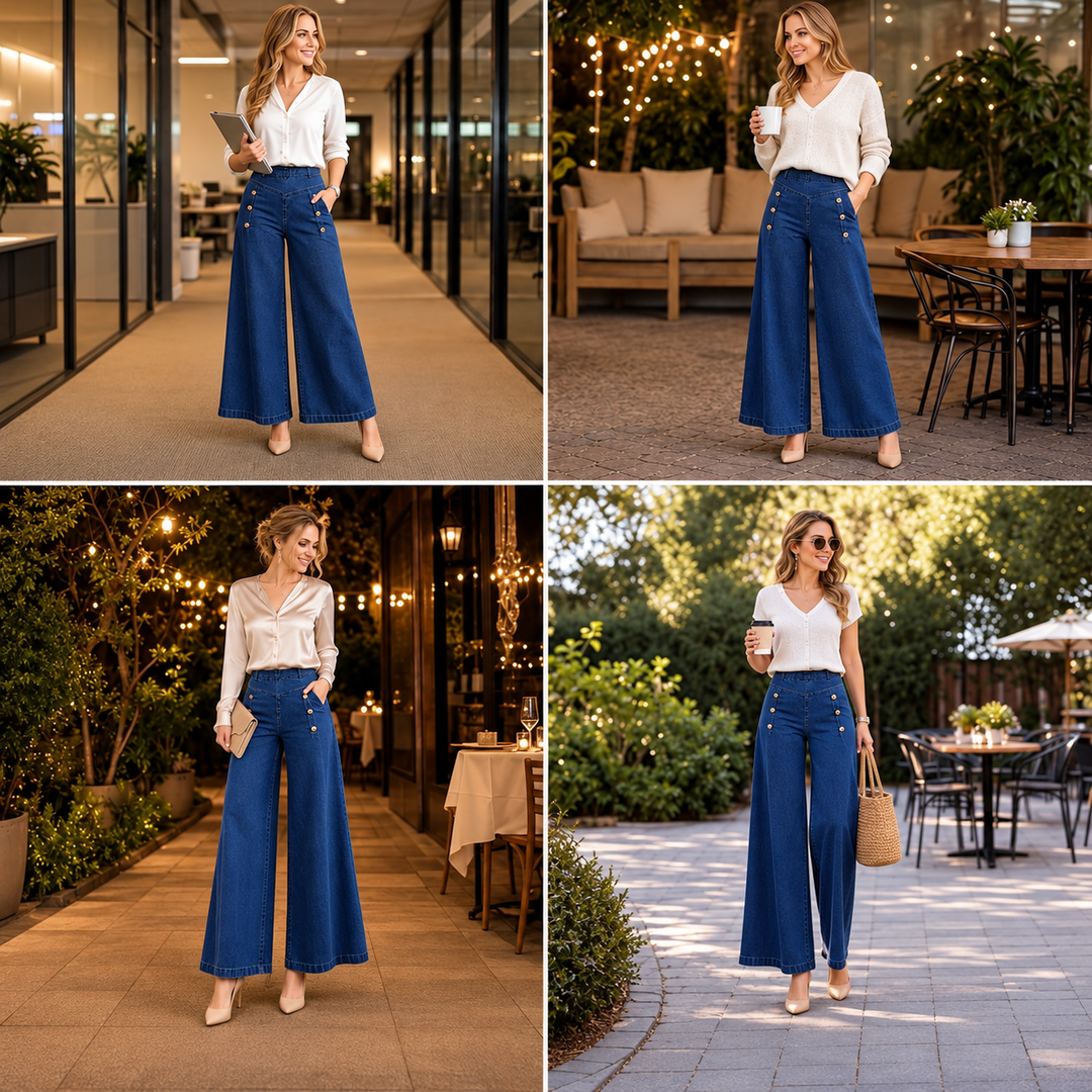 Jean large pour femme, taille haute, style marin avec boutons, pantalon palazzo