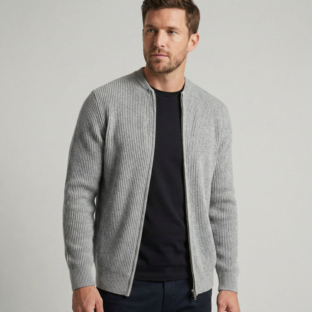 Men Merino Wool Knit Bomber Jacket Full Zip Sweater