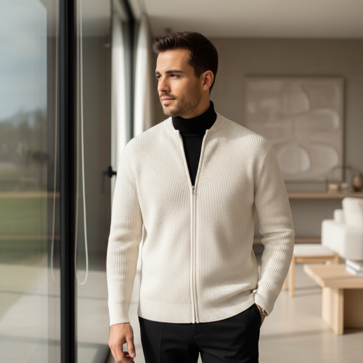 Men Merino Wool Knit Bomber Jacket Full Zip Sweater