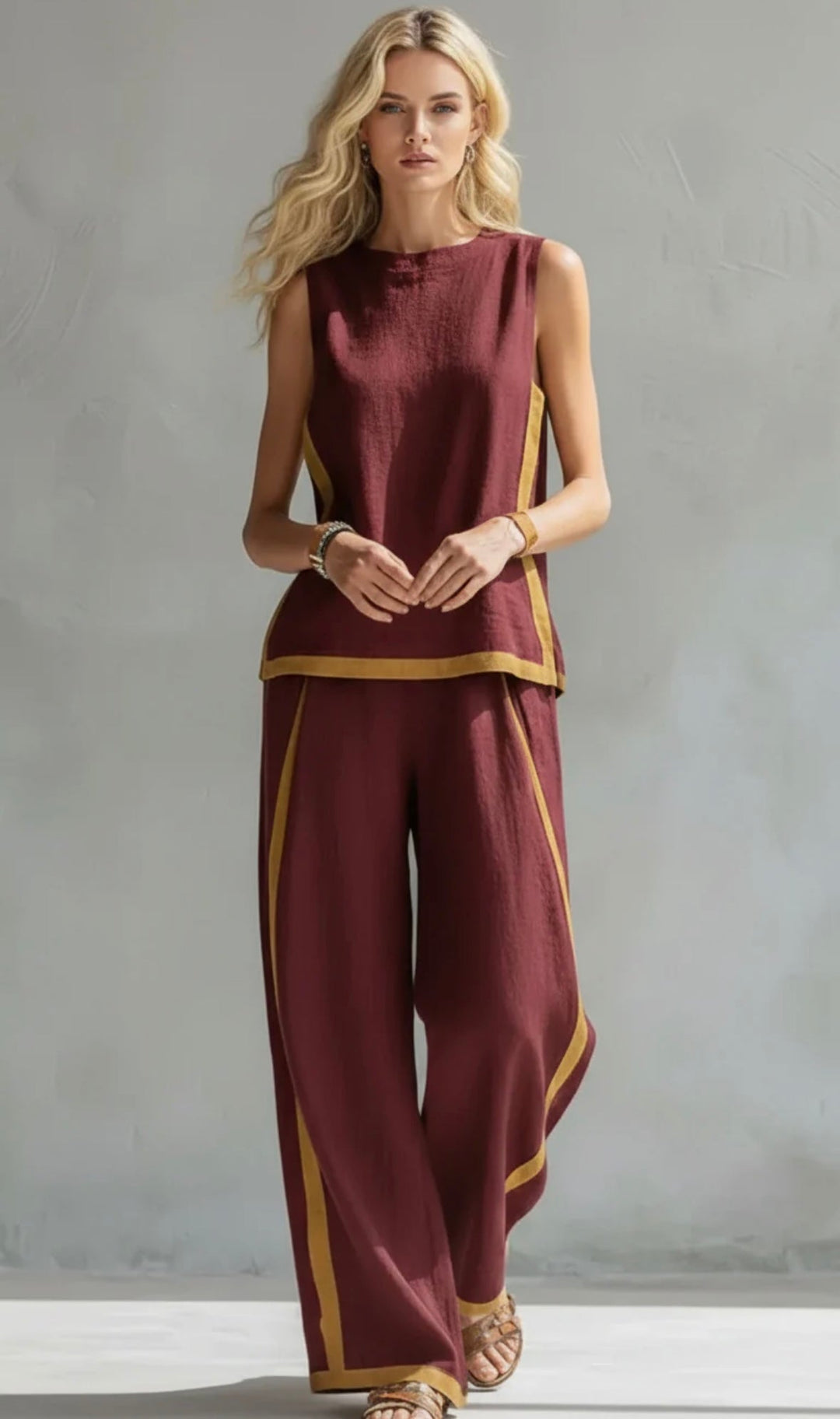 Women's Linen Blend Sleeveless Top and Wide-Leg Trouser Set