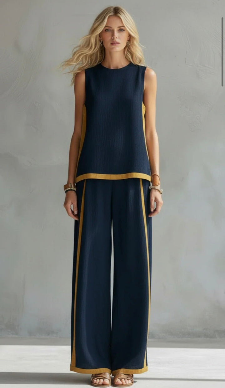 Women's Linen Blend Sleeveless Top and Wide-Leg Trouser Set