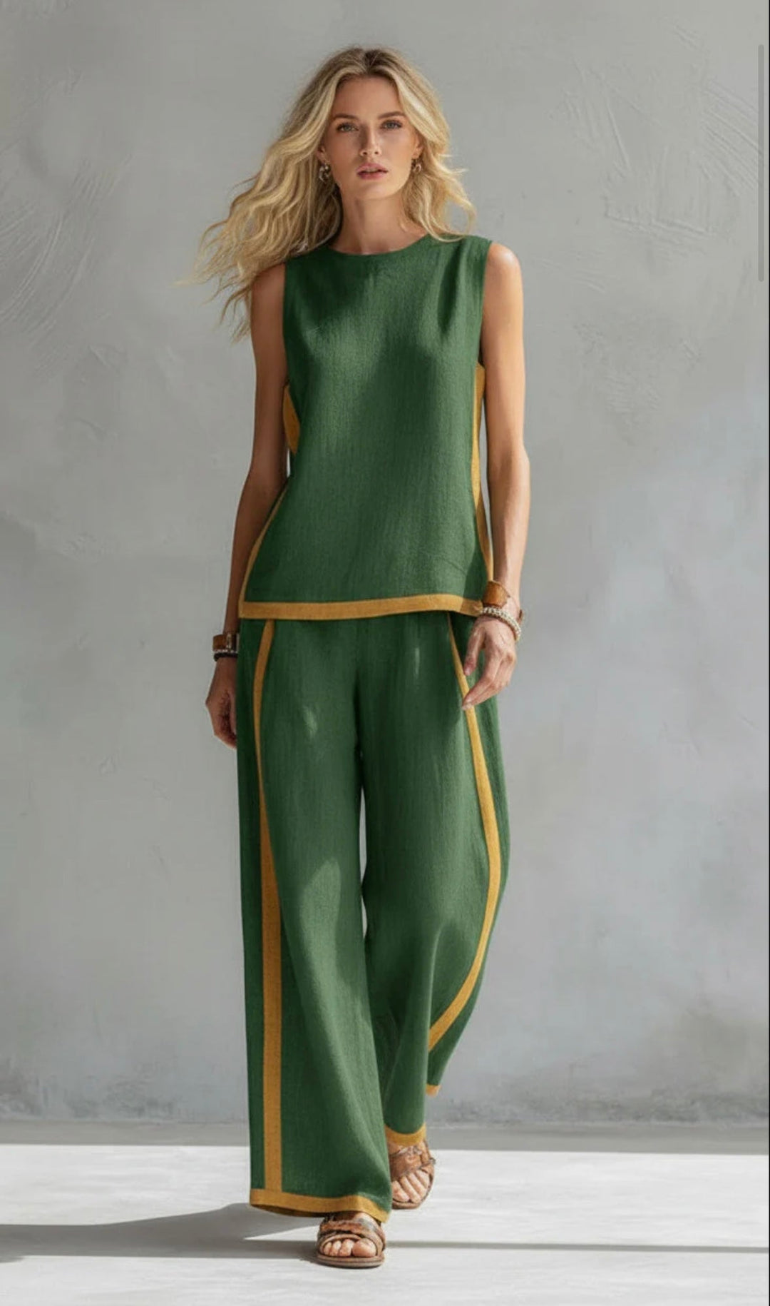 Women's Linen Blend Sleeveless Top and Wide-Leg Trouser Set