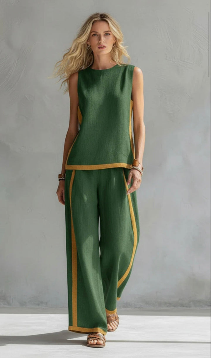 Women's Linen Blend Sleeveless Top and Wide-Leg Trouser Set