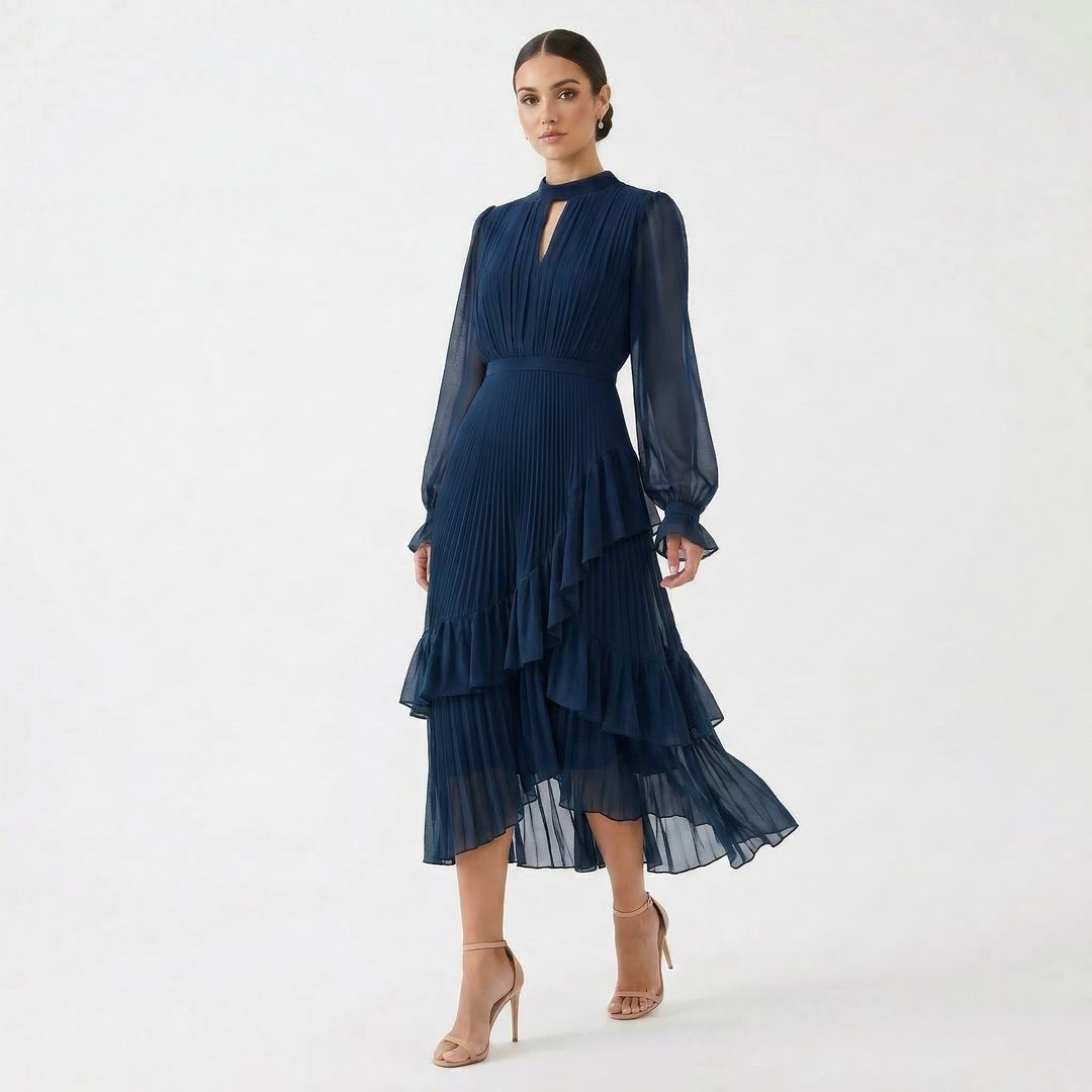 Women's Satin Pleated Ruffle Long-Sleeve Maxi Dress