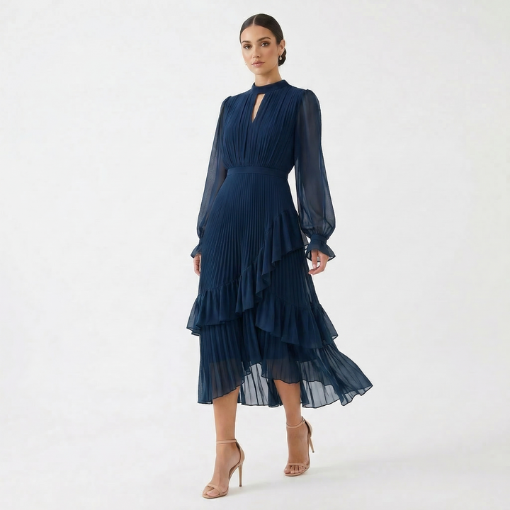 Women's Satin Pleated Ruffle Long-Sleeve Maxi Dress