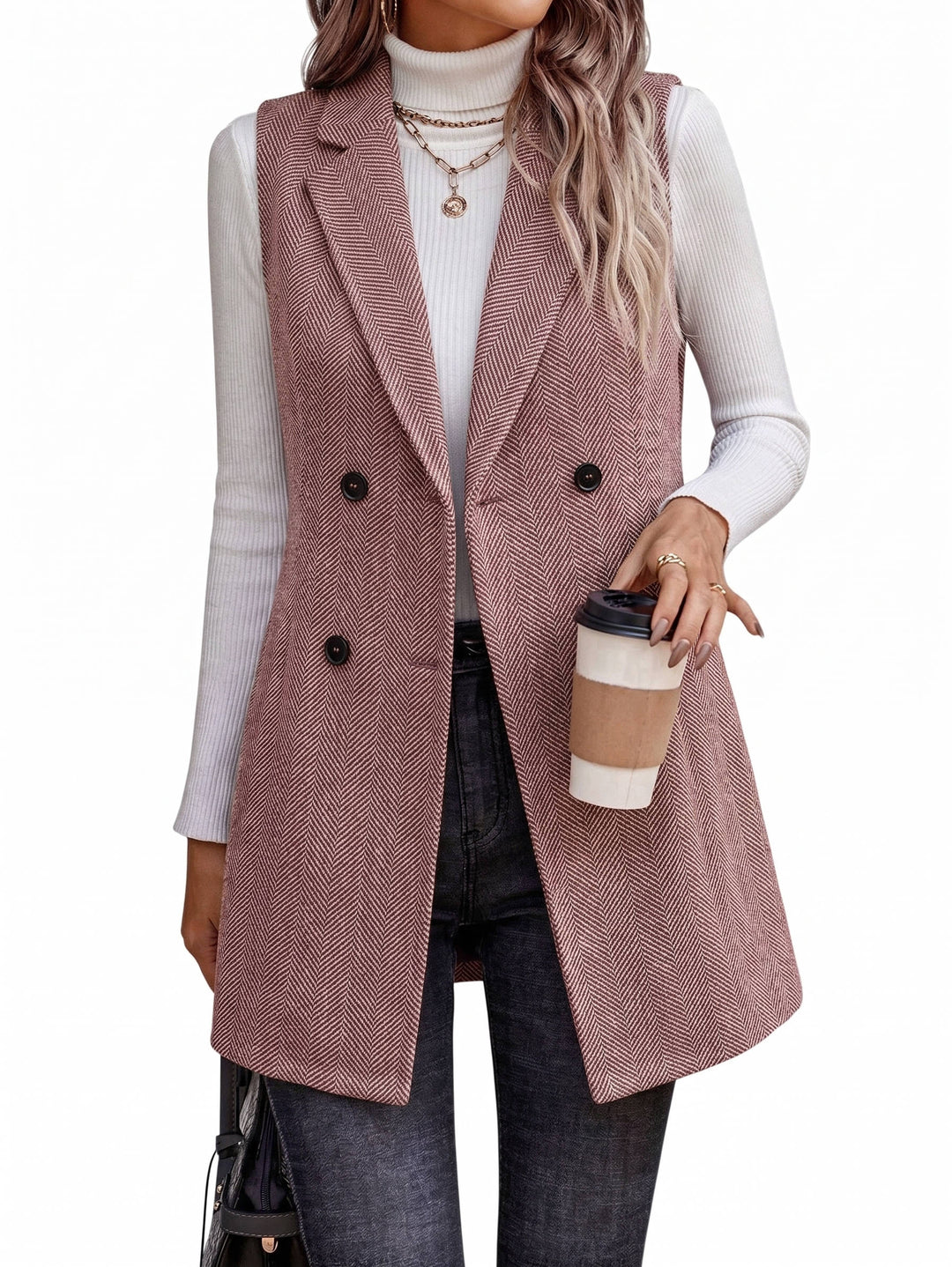 Women's Wool Vest Blazer Double Breasted Sleeveless Jacket