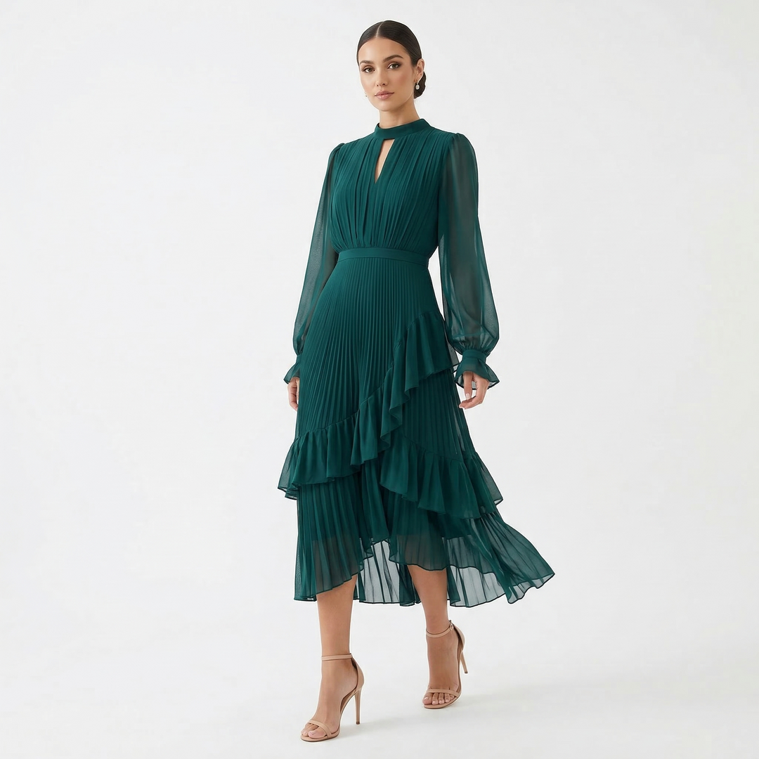 Women's Satin Pleated Ruffle Long-Sleeve Maxi Dress