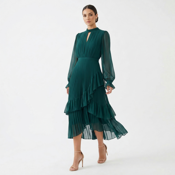 Women's Satin Pleated Ruffle Long-Sleeve Maxi Dress
