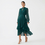 Women's Satin Pleated Ruffle Long-Sleeve Maxi Dress