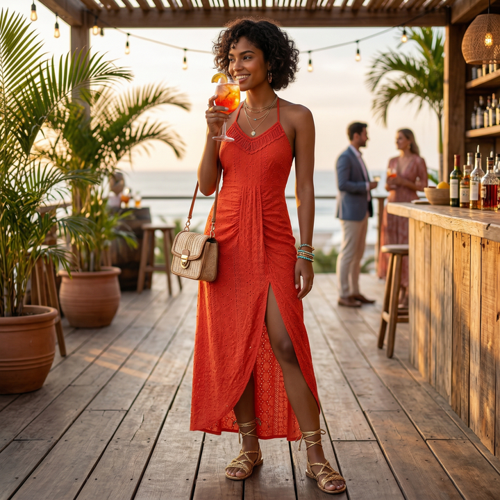 Women's Linen Haler Neck Maxi Dress