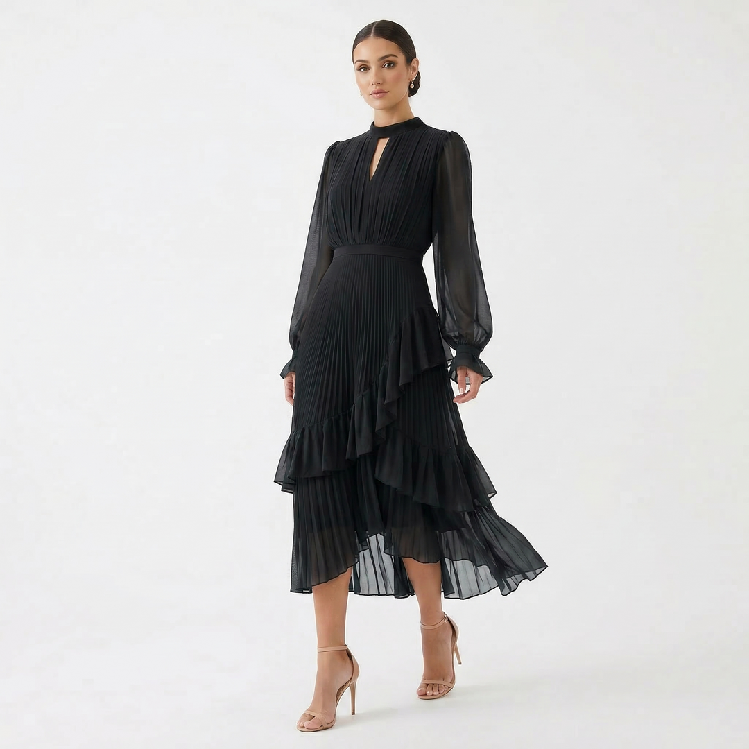 Women's Satin Pleated Ruffle Long-Sleeve Maxi Dress