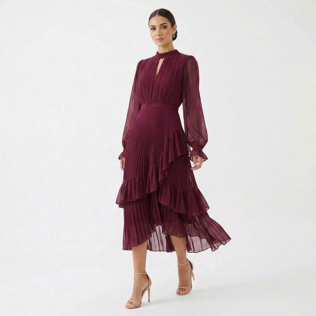 Women's Satin Pleated Ruffle Long-Sleeve Maxi Dress