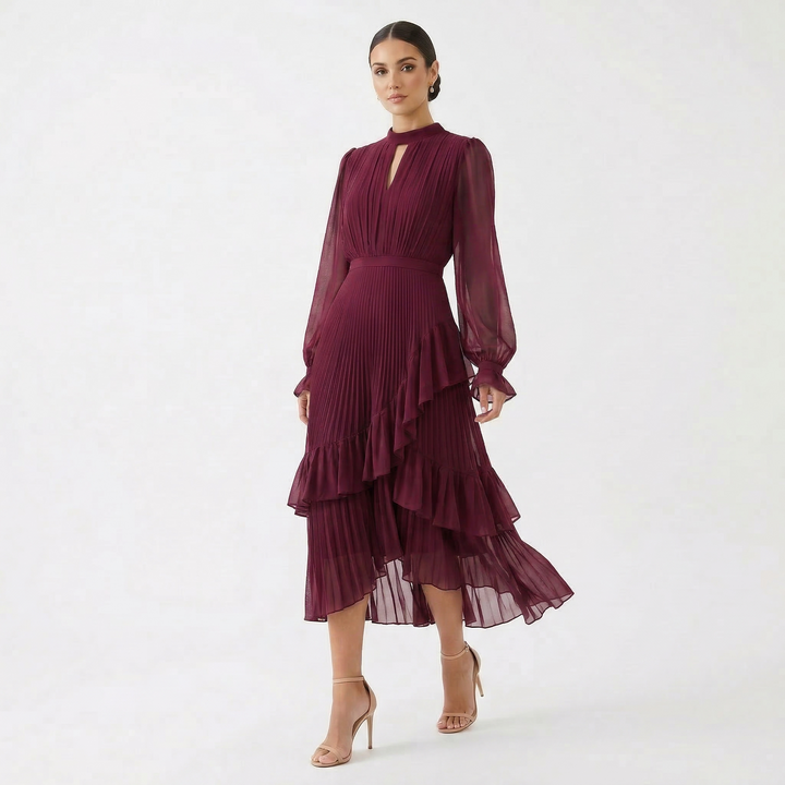 Women's Satin Pleated Ruffle Long-Sleeve Maxi Dress