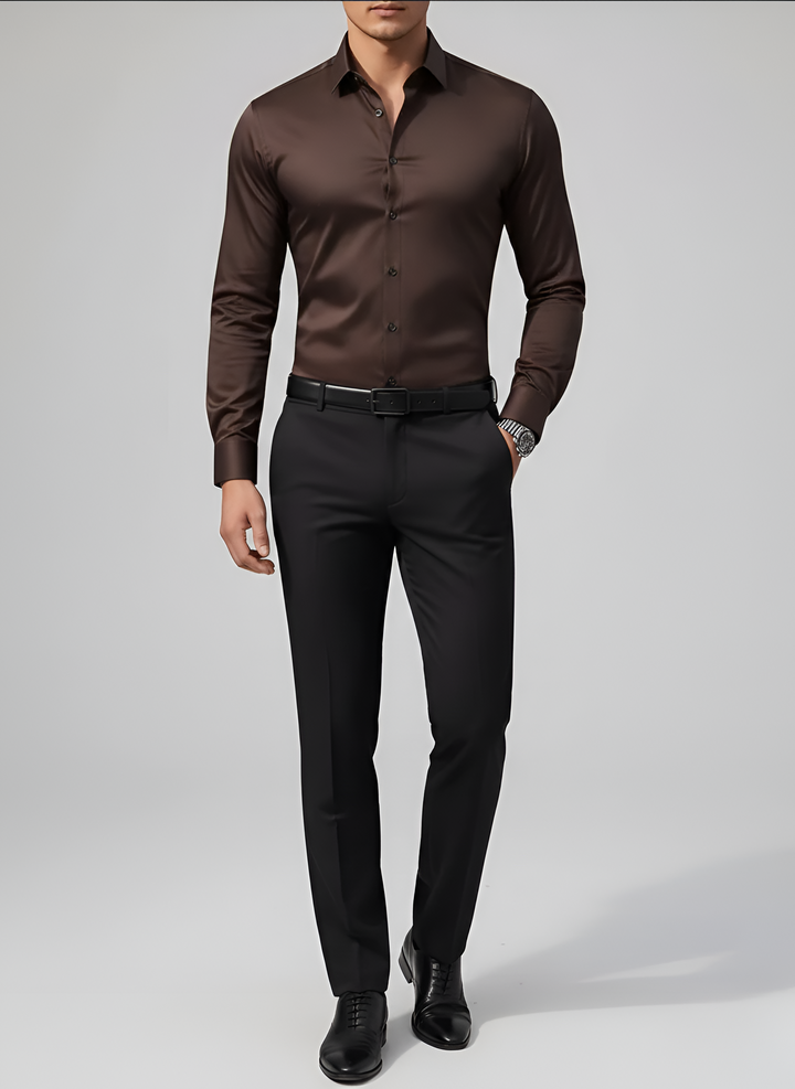 Men's Slim Fit Wool Mix Dress Shirt Long Sleeve Formal Business Top