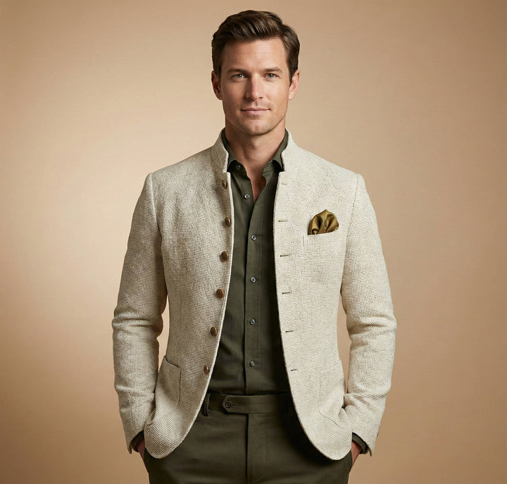 Veste blazer pour homme en mélange de lin à col montant