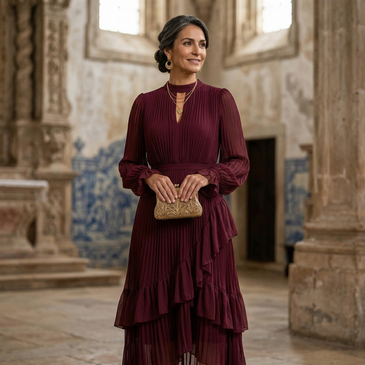 Women's Satin Pleated Ruffle Long-Sleeve Maxi Dress