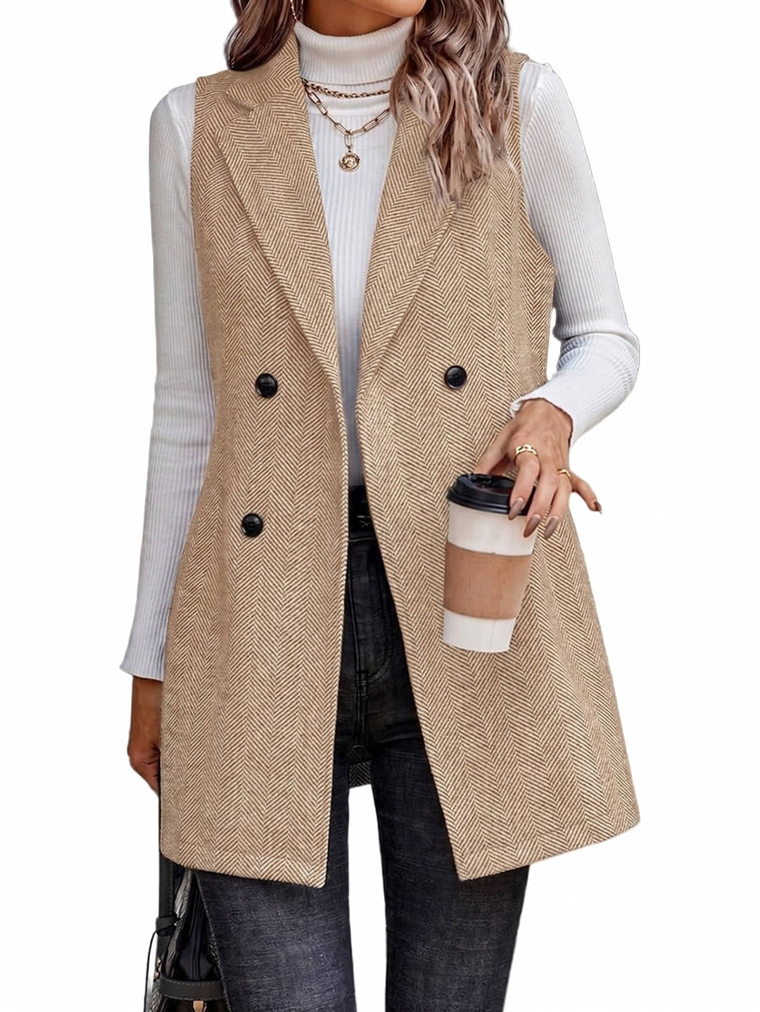 Women's Wool Vest Blazer Double Breasted Sleeveless Jacket