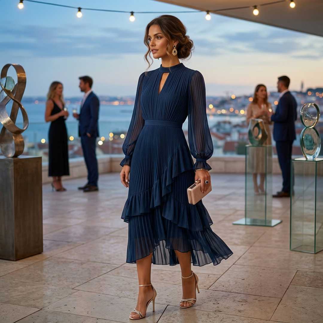 Women's Satin Pleated Ruffle Long-Sleeve Maxi Dress