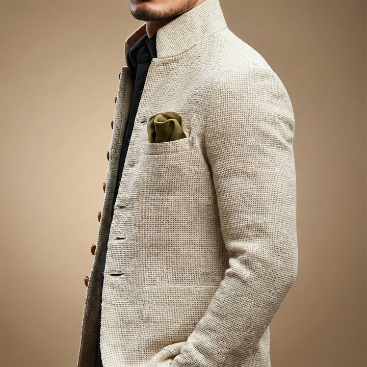 Veste blazer pour homme en mélange de lin à col montant