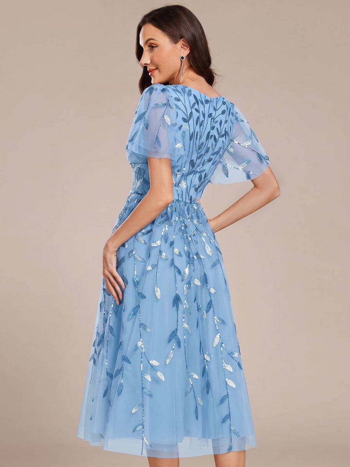 Robe midi trapèze en tulle brodé pour femme, à manches volantées