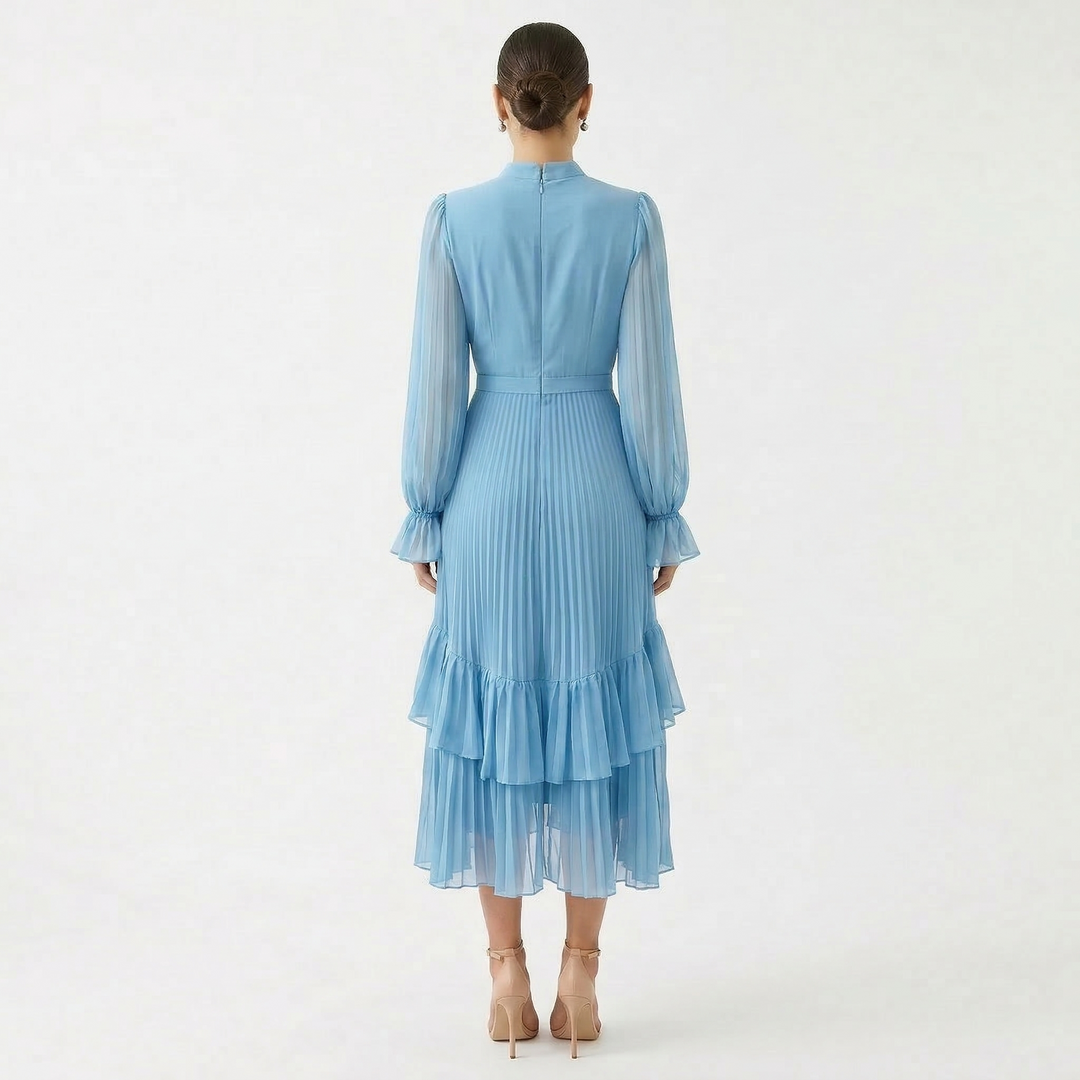 Women's Satin Pleated Ruffle Long-Sleeve Maxi Dress