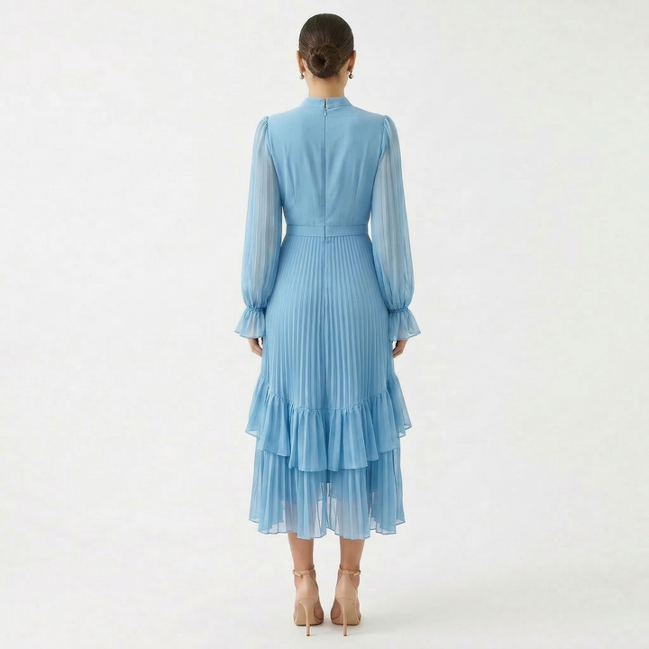 Women's Satin Pleated Ruffle Long-Sleeve Maxi Dress