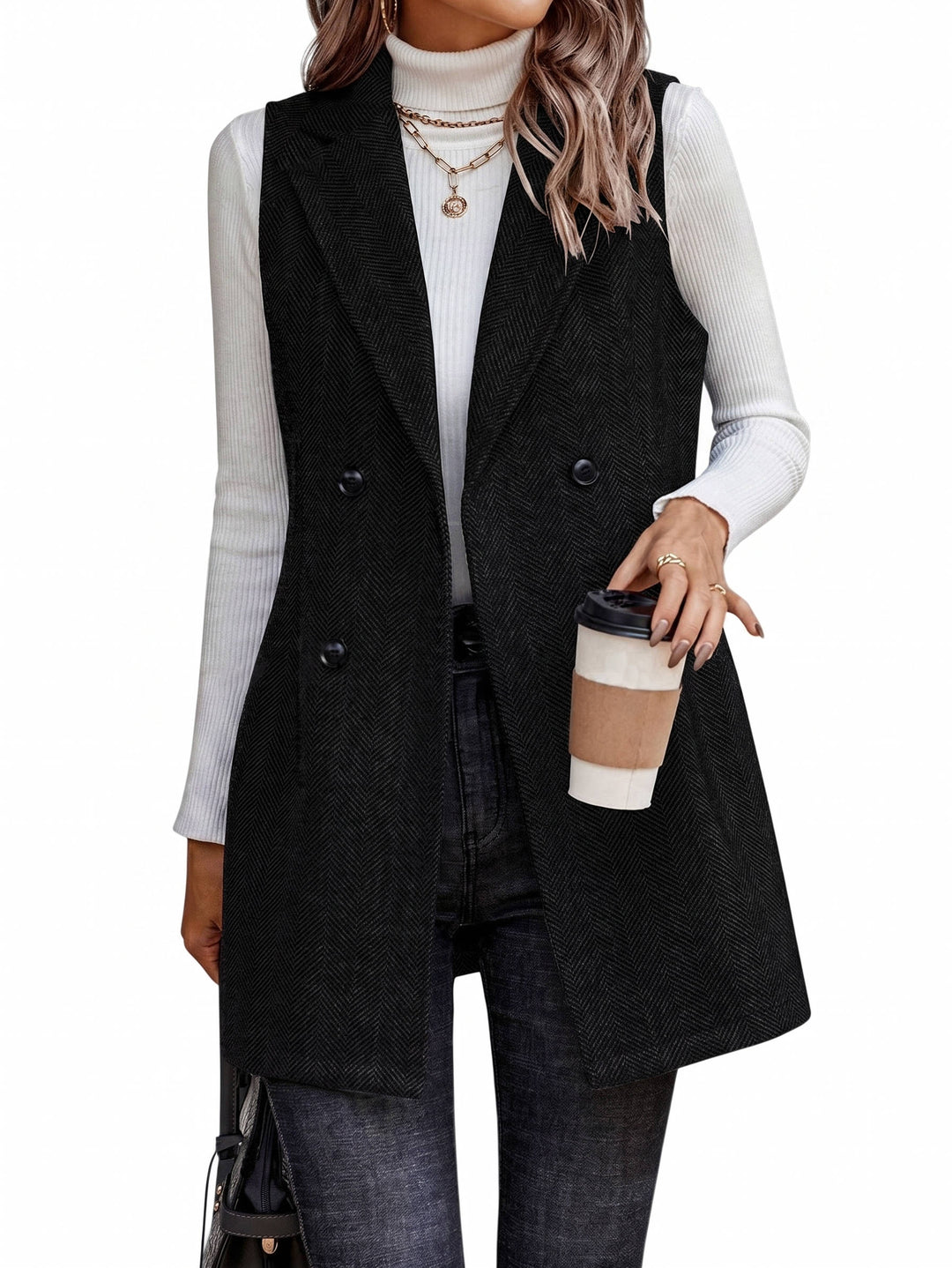Women's Wool Vest Blazer Double Breasted Sleeveless Jacket
