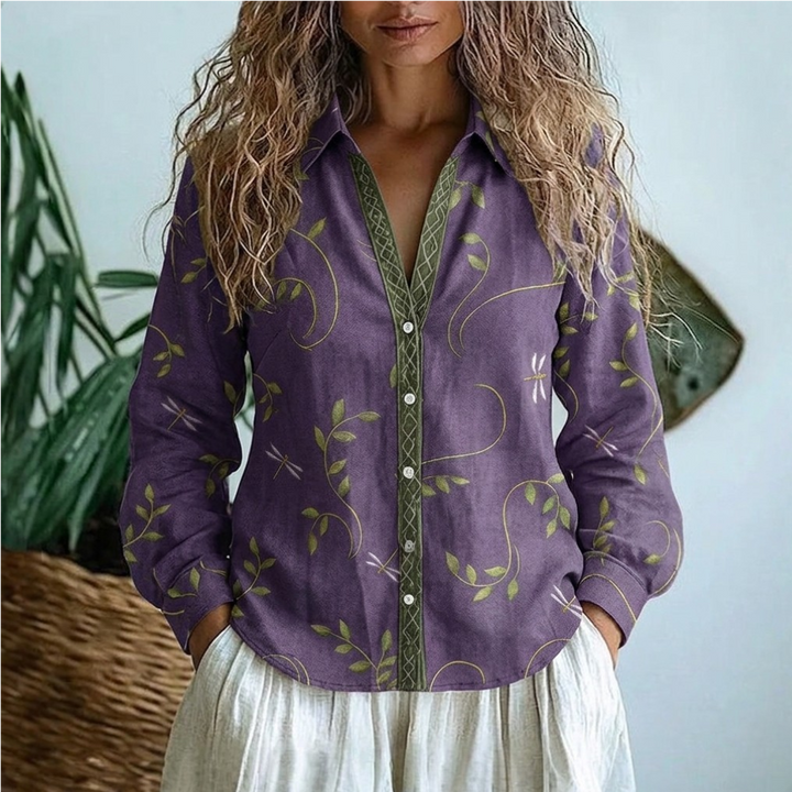 Women Linen Blouse Long Sleeve Casual V Neck Shirt