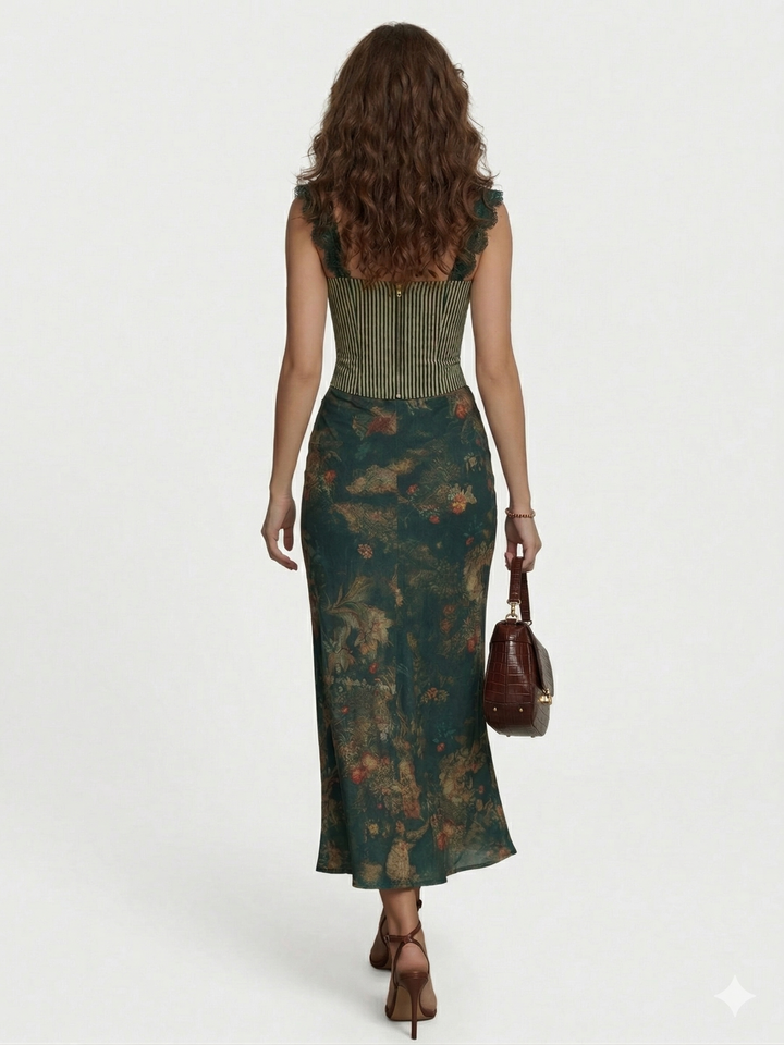 Women's Floral & Striped Linen A-Line Maxi Dress with Lace Trim