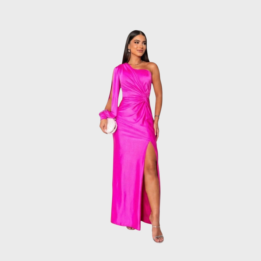Women's Satin One-Shoulder Slit Maxi Dress
