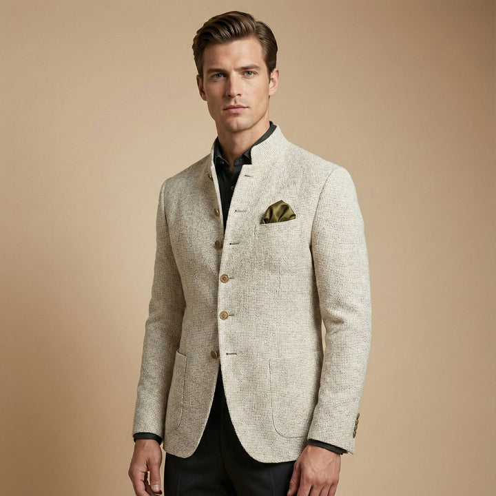 Veste blazer pour homme en mélange de lin à col montant
