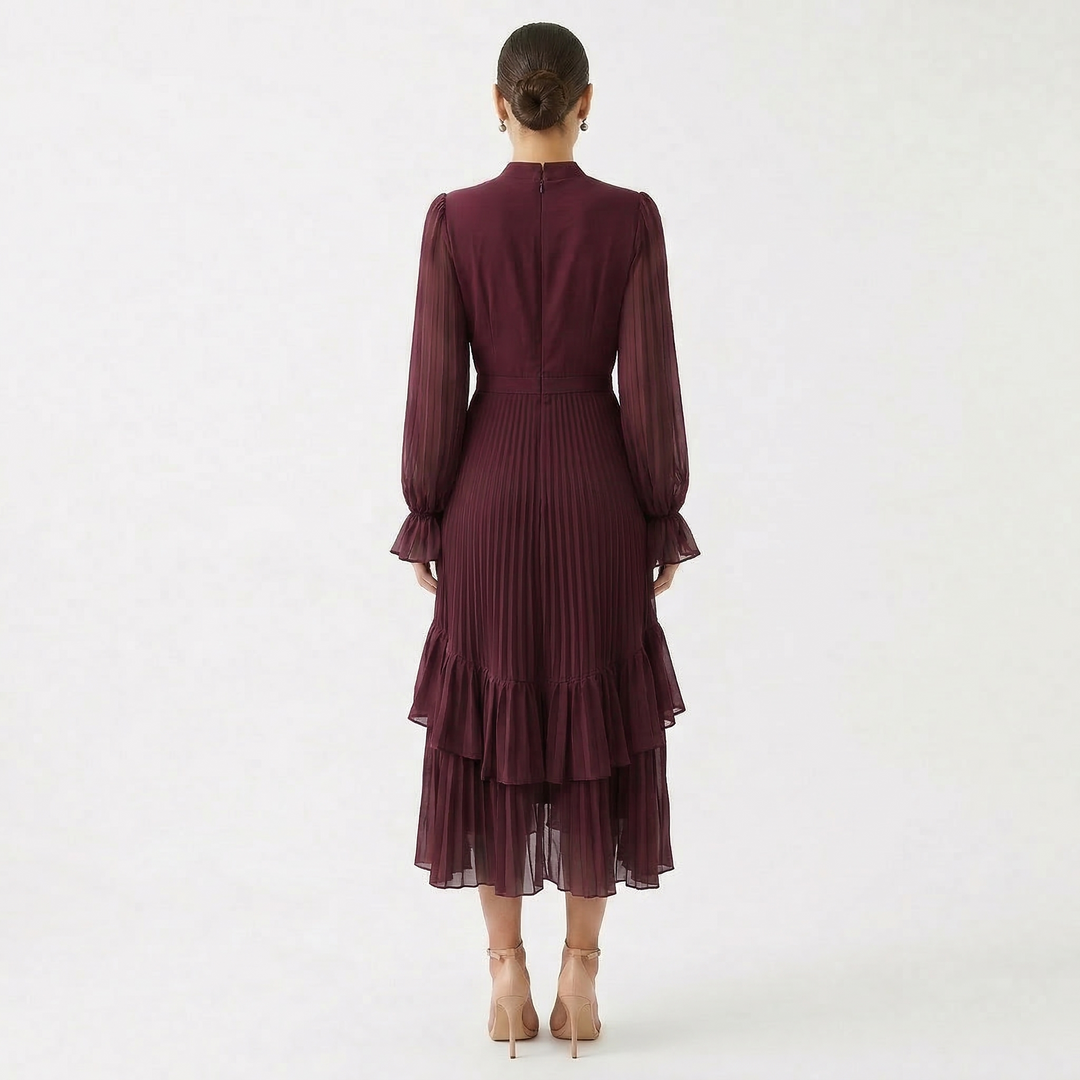Women's Satin Pleated Ruffle Long-Sleeve Maxi Dress