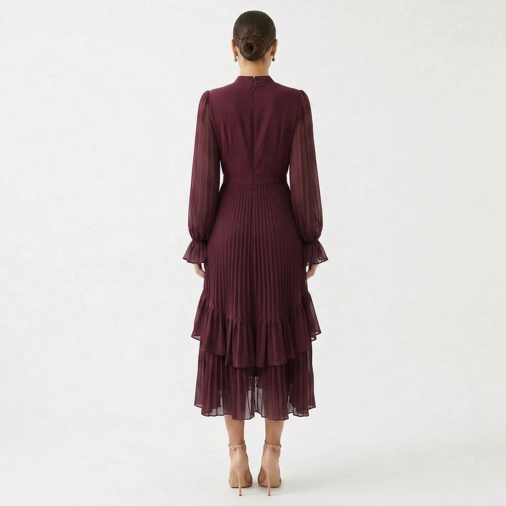 Women's Satin Pleated Ruffle Long-Sleeve Maxi Dress