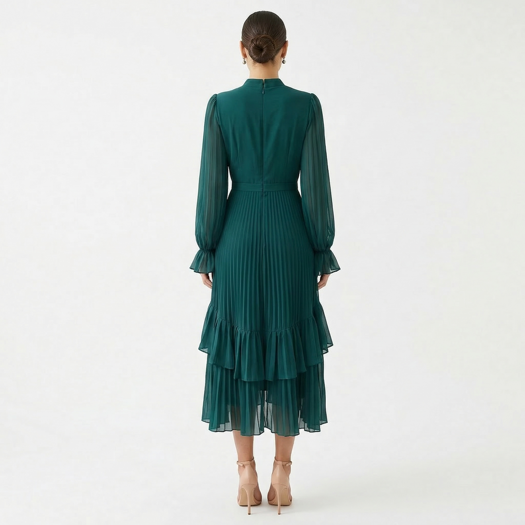 Women's Satin Pleated Ruffle Long-Sleeve Maxi Dress