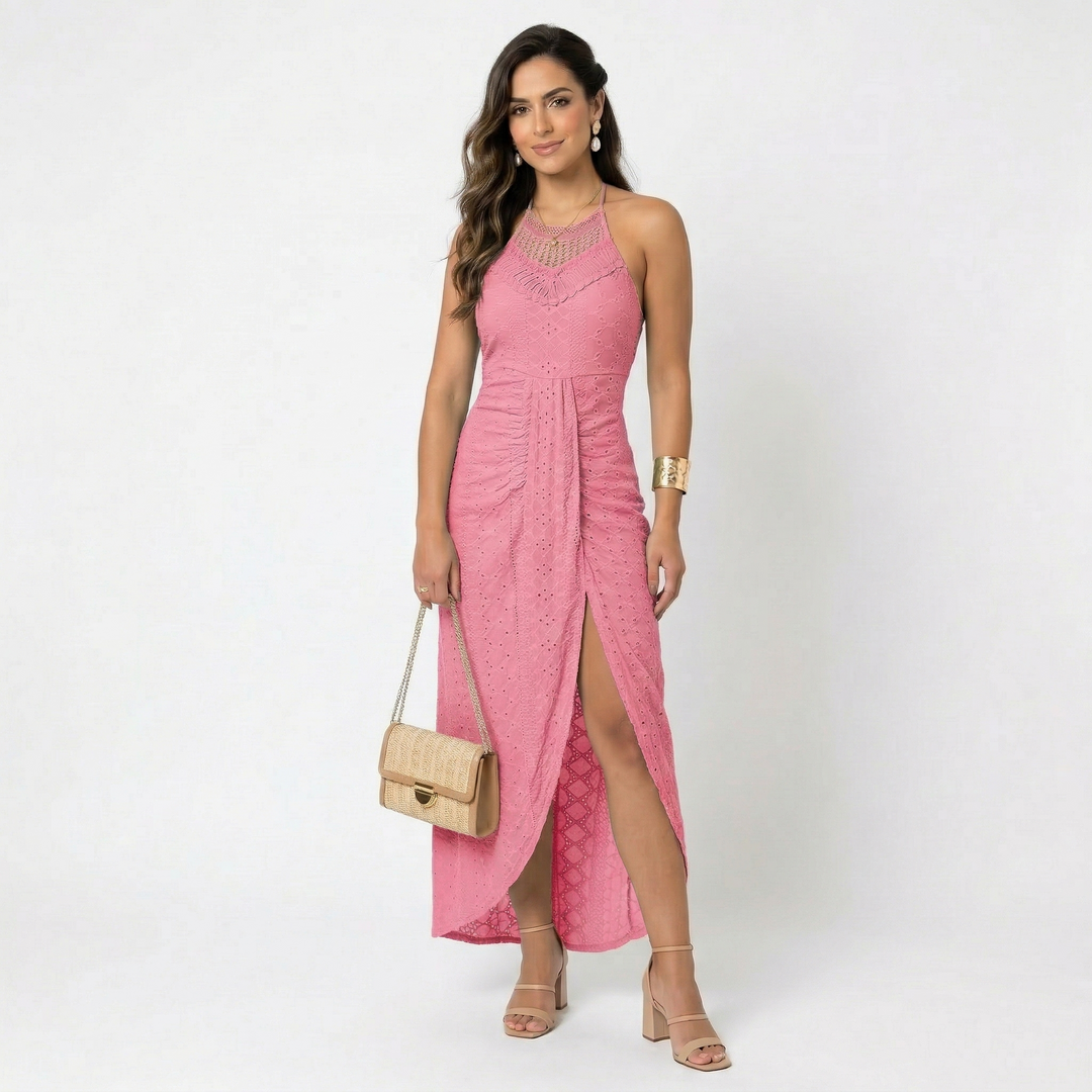 Women's Linen Haler Neck Maxi Dress