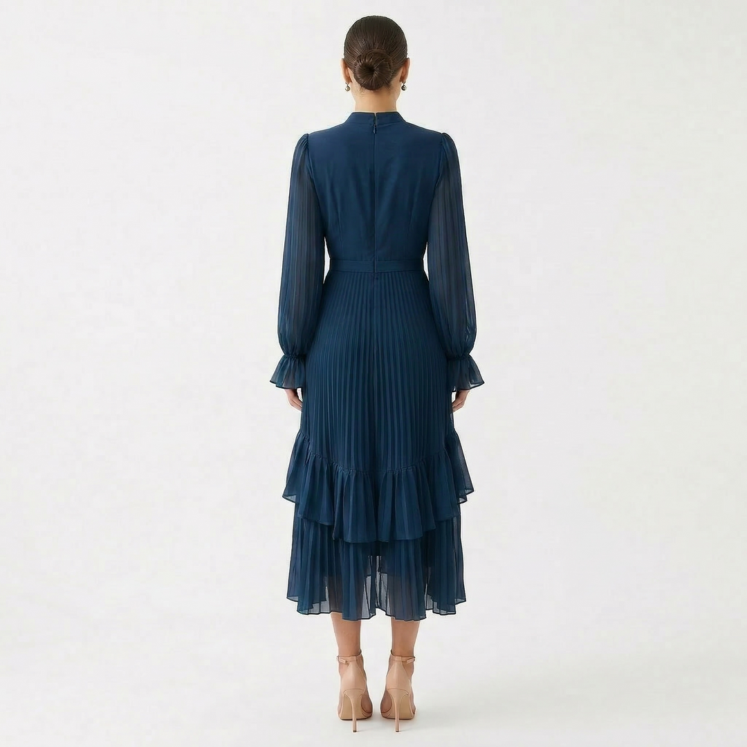 Women's Satin Pleated Ruffle Long-Sleeve Maxi Dress