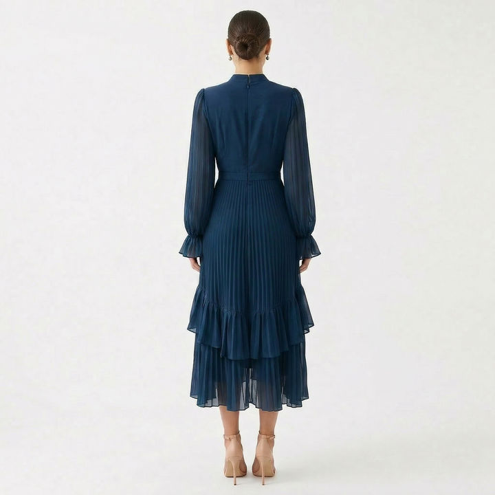 Women's Satin Pleated Ruffle Long-Sleeve Maxi Dress