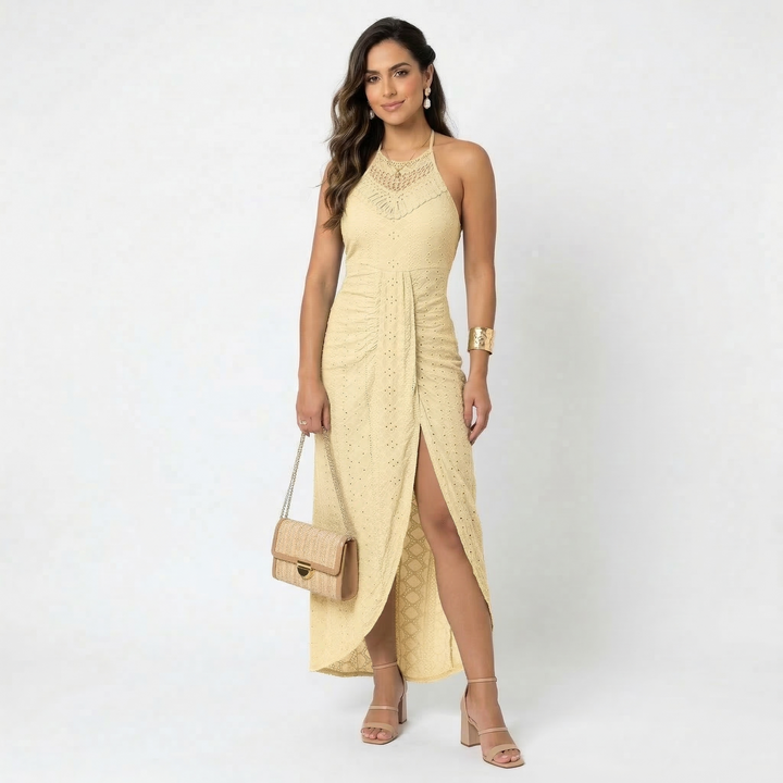 Women's Linen Haler Neck Maxi Dress