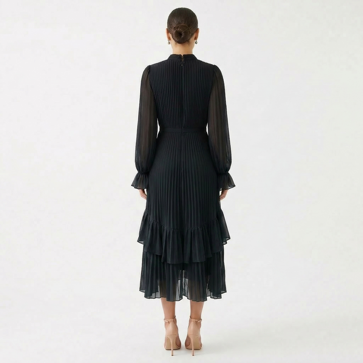 Women's Satin Pleated Ruffle Long-Sleeve Maxi Dress